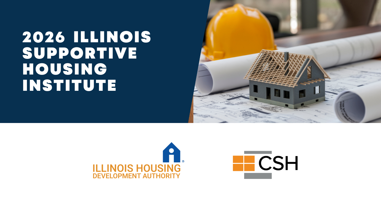 Illinois Supportive Housing Institute banner, photo of construction hard hat on blueprint models